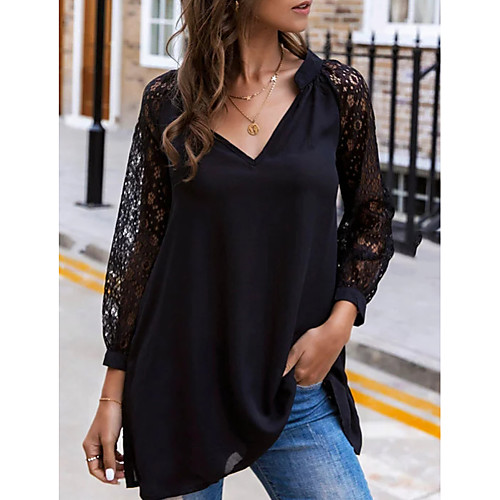 

Women's Solid Colored Lace Mesh T-shirt Casual Daily V Neck Black