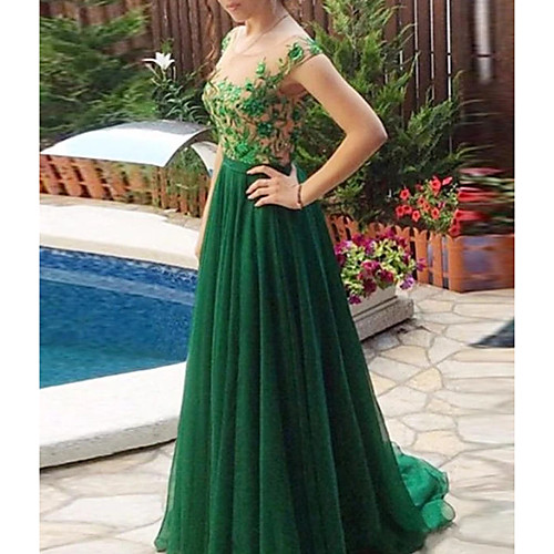 

A-Line Floral Green Engagement Formal Evening Dress Illusion Neck Sleeveless Sweep / Brush Train Chiffon Lace with Pleats Lace Insert Appliques 2020