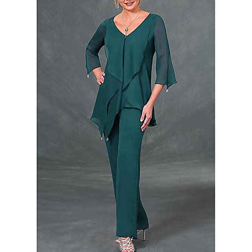 

Pantsuit / Jumpsuit V Neck Floor Length Chiffon 3/4 Length Sleeve Elegant Mother of the Bride Dress with Beading / Ruffles Mother's Day 2020