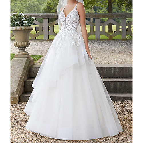 

A-Line Spaghetti Strap Court Train Polyester Sleeveless Country Plus Size Wedding Dresses with Ruffles / Lace Insert / Appliques 2020