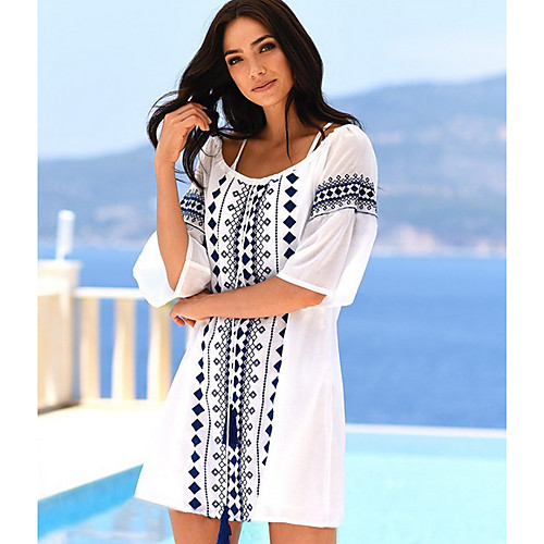 

Women's White Dress Loose Print Sequins Tassel Fringe One-Size