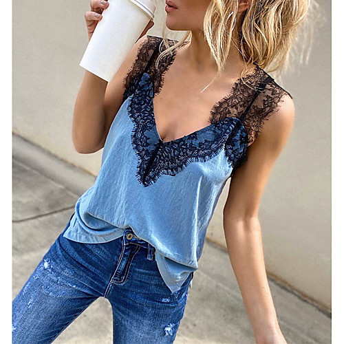 

Women's Solid Colored Backless Lace Trims Blouse Basic Street chic Daily Going out V Neck Blue / Light Green