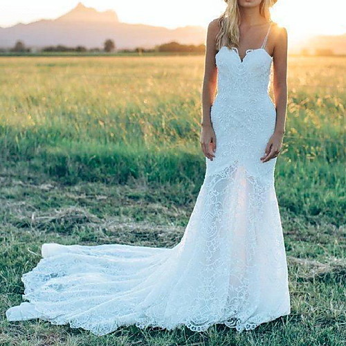 

Mermaid / Trumpet Wedding Dresses Spaghetti Strap Court Train Lace Sleeveless Country Plus Size with Lace 2020