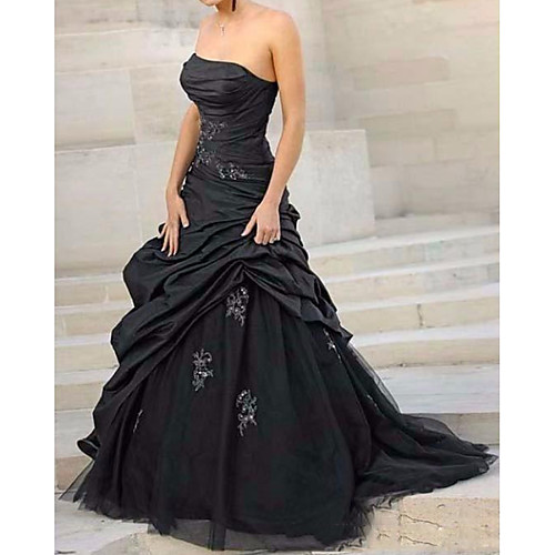 

Ball Gown Strapless Sweep / Brush Train Polyester / Tulle Sleeveless Country Plus Size / Black Wedding Dresses with Ruched / Appliques 2020