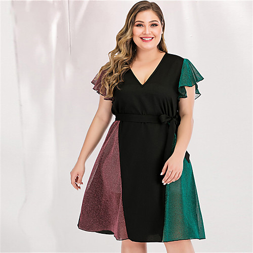 

Women's Plus Size Maxi A Line Dress - Long Sleeve Color Block Solid Color Bow Patchwork Spring & Summer V Neck Casual Elegant Daily Going out Flare Cuff Sleeve Loose Blushing Pink L XL XXL