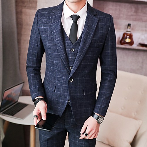

Men's Suits, Plaid Notch Lapel Polyester Navy Blue / Gray