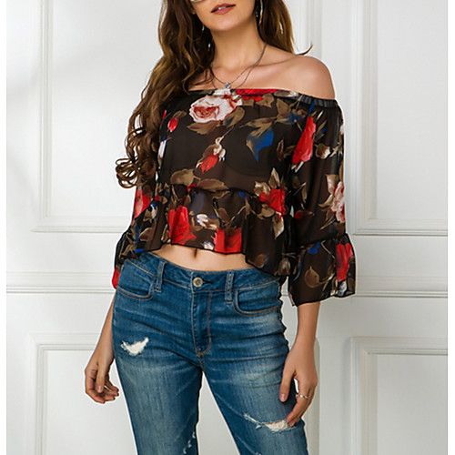 

Women's Daily Blouse - Geometric Mesh / Print Off Shoulder Black