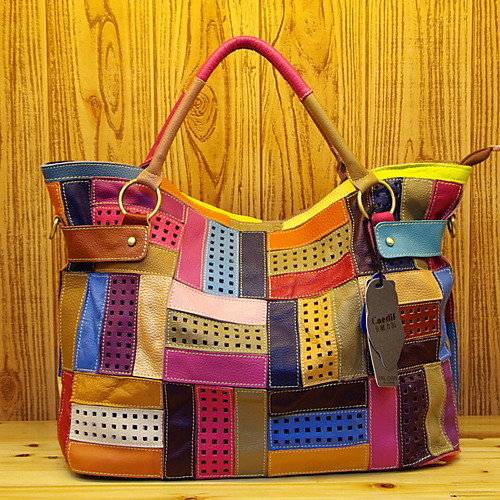 

Women's Zipper Cowhide Top Handle Bag Geometric Pattern Yellow / Coffee