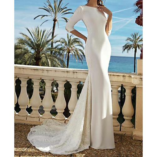 

Mermaid / Trumpet Jewel Neck Sweep / Brush Train Lace / Satin Half Sleeve Country Plus Size Wedding Dresses with Embroidery 2020