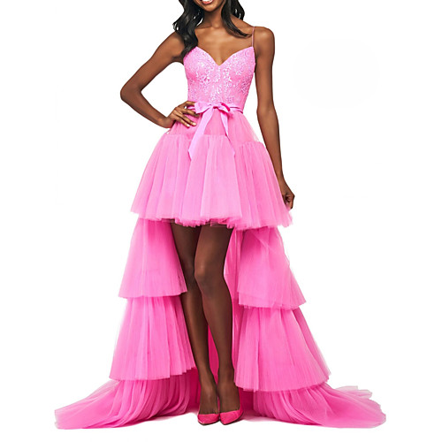 

Tier Bow(s) A-Line Sexy Sleeveless Spaghetti Strap Sweep Brush Train Tulle Prom Formal Evening Dress