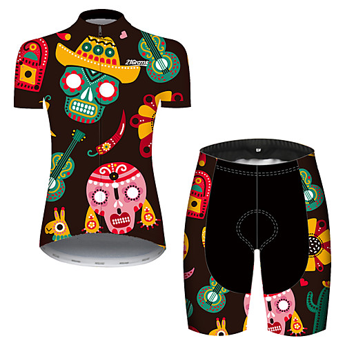 

21Grams Women's Short Sleeve Cycling Jersey with Shorts Black / Green Skull Floral Botanical Bike Clothing Suit Breathable Quick Dry Ultraviolet Resistant Sweat-wicking Sports Skull Mountain Bike MTB