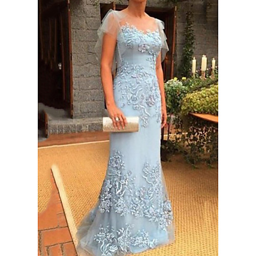 

Sheath / Column Jewel Neck Sweep / Brush Train Lace / Tulle Short Sleeve Elegant Mother of the Bride Dress with Appliques Mother's Day 2020