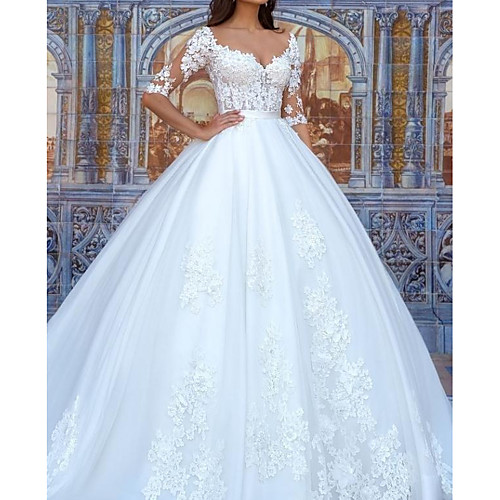 

Ball Gown Plunging Neck Floor Length Polyester Half Sleeve Country Plus Size Wedding Dresses with Lace Insert / Appliques 2020