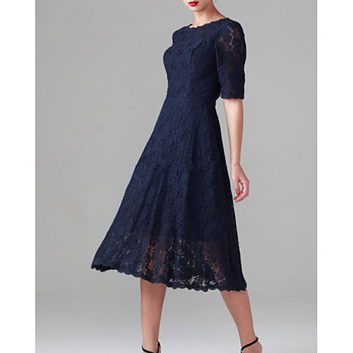 

A-Line Jewel Neck Tea Length Lace / Stretch Satin Half Sleeve Elegant Mother of the Bride Dress with Lace Mother's Day 2020