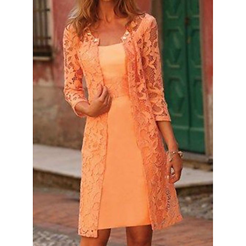 

Sheath / Column Scoop Neck Knee Length Lace / Satin 3/4 Length Sleeve Elegant Mother of the Bride Dress with Lace Mother's Day 2020