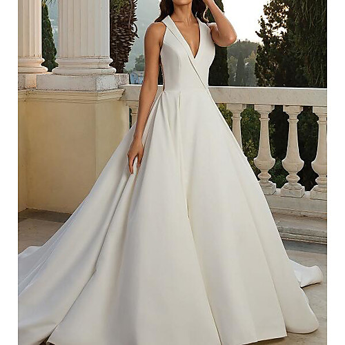 

A-Line V Neck Sweep / Brush Train Satin Sleeveless Country Plus Size Wedding Dresses with Side-Draped 2020