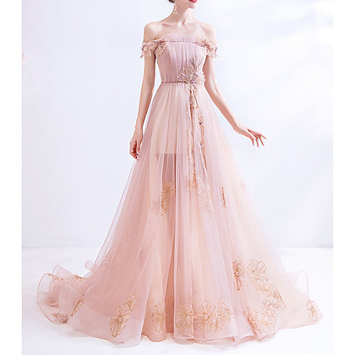 

A-Line Off Shoulder Court Train Polyester Luxurious / Pink Engagement / Formal Evening Dress with Sequin / Embroidery 2020