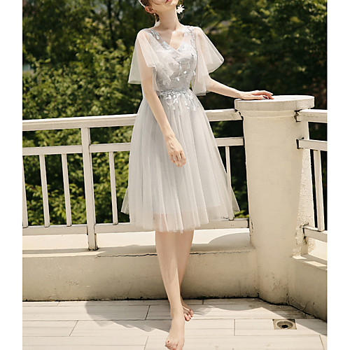 

A-Line V Neck Floor Length Tulle Bridesmaid Dress with Pleats / Bandage / Illusion Sleeve
