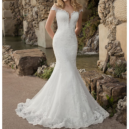 

Mermaid / Trumpet Jewel Neck Sweep / Brush Train Lace / Tulle Short Sleeve Country See-Through / Plus Size Wedding Dresses with Lace / Appliques 2020
