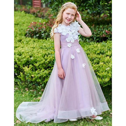 

A-Line Sweep / Brush Train Wedding Flower Girl Dresses - Tulle Cap Sleeve Jewel Neck with Appliques