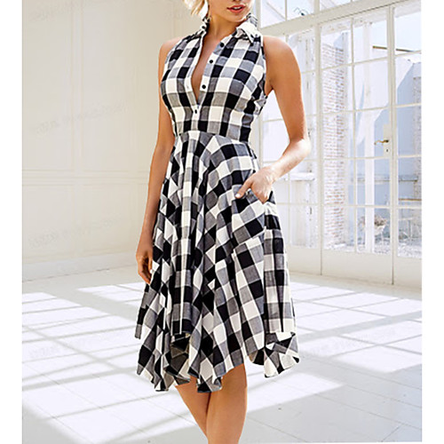

Women's Wine Red Dress Sheath Plaid Shirt Collar S M