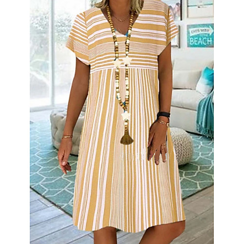 

Women's Yellow Khaki Dress Elegant Shift Striped S M