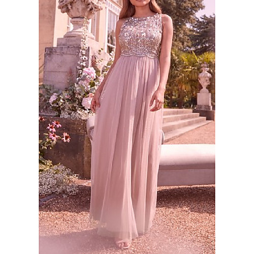 

A-Line Jewel Neck Floor Length Tulle Bridesmaid Dress with Sequin / Ruching