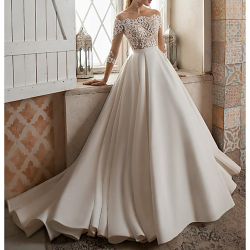 

A-Line Wedding Dresses Off Shoulder Sweep / Brush Train Lace Satin 3/4 Length Sleeve Country Plus Size with Embroidery Side-Draped 2020