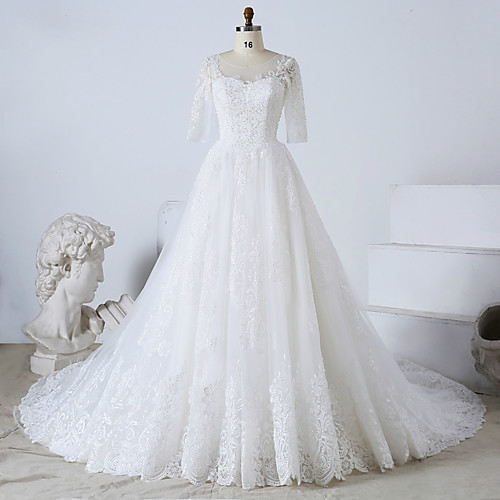 

Ball Gown Jewel Neck Watteau Train Tulle / Lace Over Satin Half Sleeve Formal Plus Size / Elegant Wedding Dresses with Beading / Lace Insert / Appliques 2020