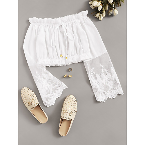 

New 2020 Women's Lace Tie Off Shoulder Solid Long Sleeve Short Top