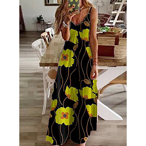 

Women's Maxi Black Dress Vacation Leisure Spring Vacation Shift Floral V Neck M L