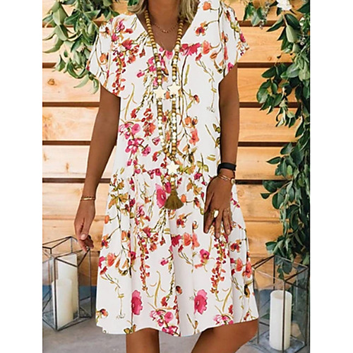 

Women's 2020 White Beige Dress Casual Summer A Line Floral V Neck S M