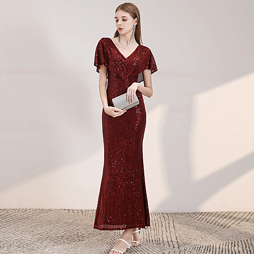 

Mermaid / Trumpet Sparkle Red Wedding Guest Prom Dress V Neck Short Sleeve Ankle Length Sequined with Sequin 2020