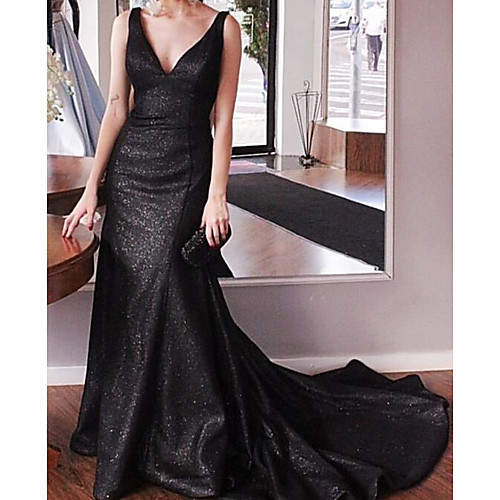 

Mermaid / Trumpet Sparkle Black Engagement Formal Evening Dress V Neck Sleeveless Court Train Sequined with Sequin 2020