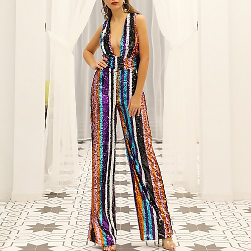 

Jumpsuits V Neck Floor Length Polyester Beautiful Back / Sexy Prom / Formal Evening Dress with Sequin 2020