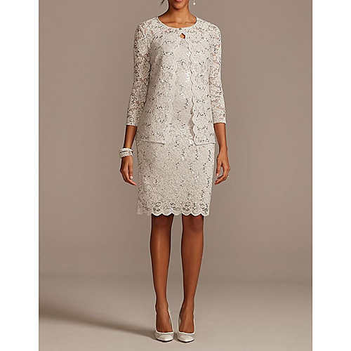 

Sheath / Column Jewel Neck Knee Length Lace / Stretch Satin 3/4 Length Sleeve Elegant Mother of the Bride Dress with Lace / Appliques Mother's Day 2020