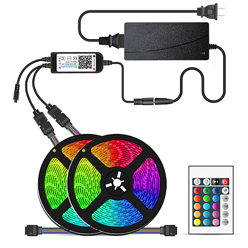 

2x5M Flexible LED Light Strips / Light Sets / RGB Strip Lights 300 LEDs SMD5050 10mm 1 12V 6A Adapter / 1 24Keys Remote Controller 1 set Multi Color Waterproof / APP Control / Cuttable 12 V