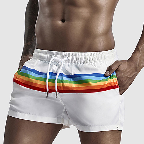 

Men's Basic White Black Swim Trunk Beach board shorts Swimwear Swimsuit - Striped M L XL White