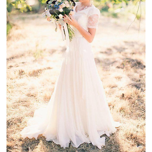 

A-Line V Neck Sweep / Brush Train Chiffon / Lace / Taffeta Cap Sleeve Country Plus Size Wedding Dresses with Lace 2020