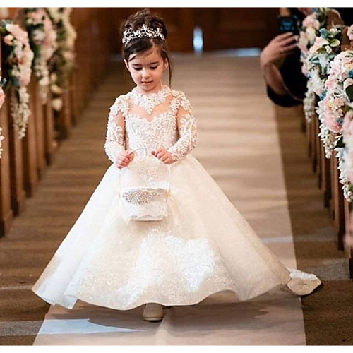 

Ball Gown Court Train Wedding Flower Girl Dresses - Polyester Long Sleeve Illusion Neck with Bow(s) / Solid