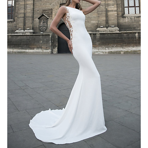 

Mermaid / Trumpet Jewel Neck Sweep / Brush Train Lace / Stretch Satin / Jersey Sleeveless Country Plus Size / Backless Wedding Dresses with Lace Insert 2020