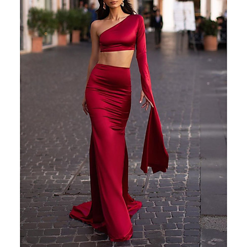 

Two Piece One Shoulder Sweep / Brush Train Satin Minimalist / Red Party Wear / Formal Evening Dress with Sleek 2020