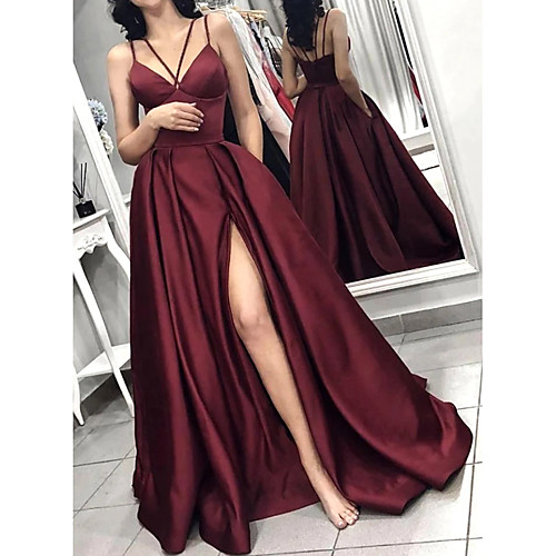 

A-Line Halter Neck Sweep / Brush Train Satin Minimalist / Red Party Wear / Prom Dress with Pleats / Split 2020