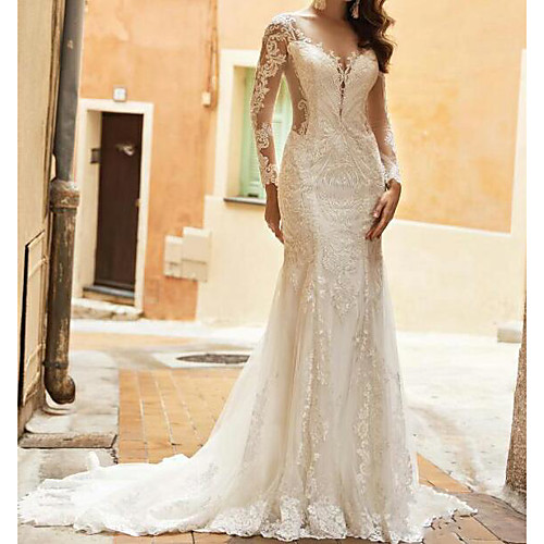 

Mermaid / Trumpet Wedding Dresses V Neck Sweep / Brush Train Tulle Polyester Long Sleeve Country Plus Size Illusion Sleeve with Lace Embroidery 2020