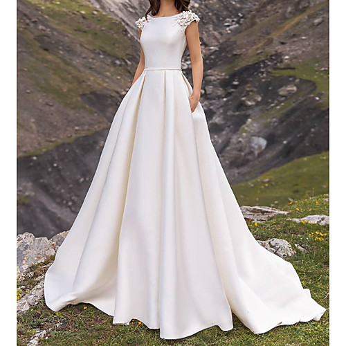 

A-Line Jewel Neck Sweep / Brush Train Satin Cap Sleeve Country Plus Size Wedding Dresses with Appliques / Side-Draped 2020