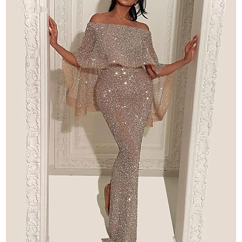 

Mermaid / Trumpet Off Shoulder Floor Length Polyester Half Sleeve Sexy / Sparkle & Shine Mother of the Bride Dress with Sequin Mother's Day 2020