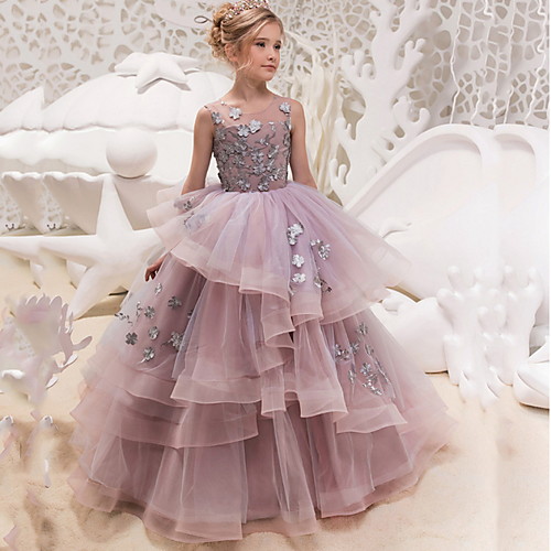 

Ball Gown Floor Length Formal Evening / Pageant Flower Girl Dresses - Polyester Sleeveless Jewel Neck with Lace / Appliques