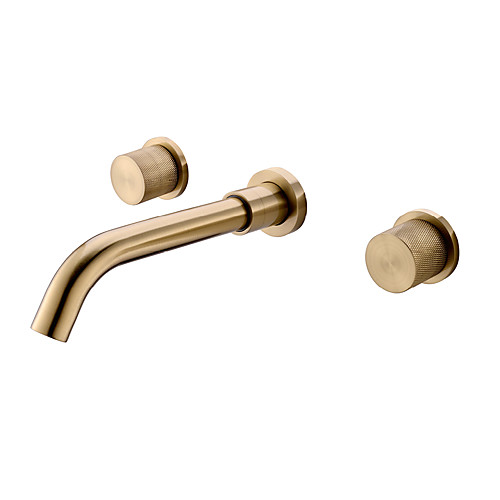 

Bathroom Sink Faucet - Luxury Brushed Gold Finish Washroom Faucet Double Handles Wall Mounted Basin Sink Mixer Tap