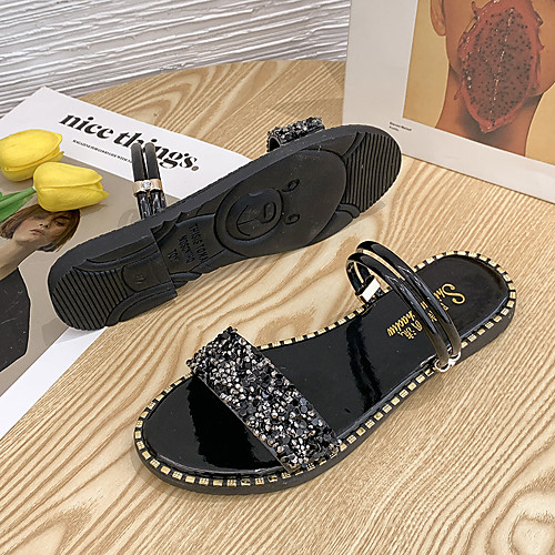 

Women's Sandals 2020 Flat Heel Open Toe PU Sweet / Minimalism Spring & Fall / Spring & Summer Silver / Black / Party & Evening