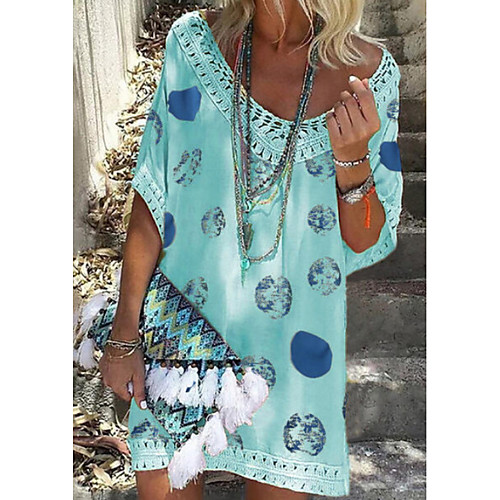 

Women's Khaki Light Blue Dress Elegant Shift Print S M
